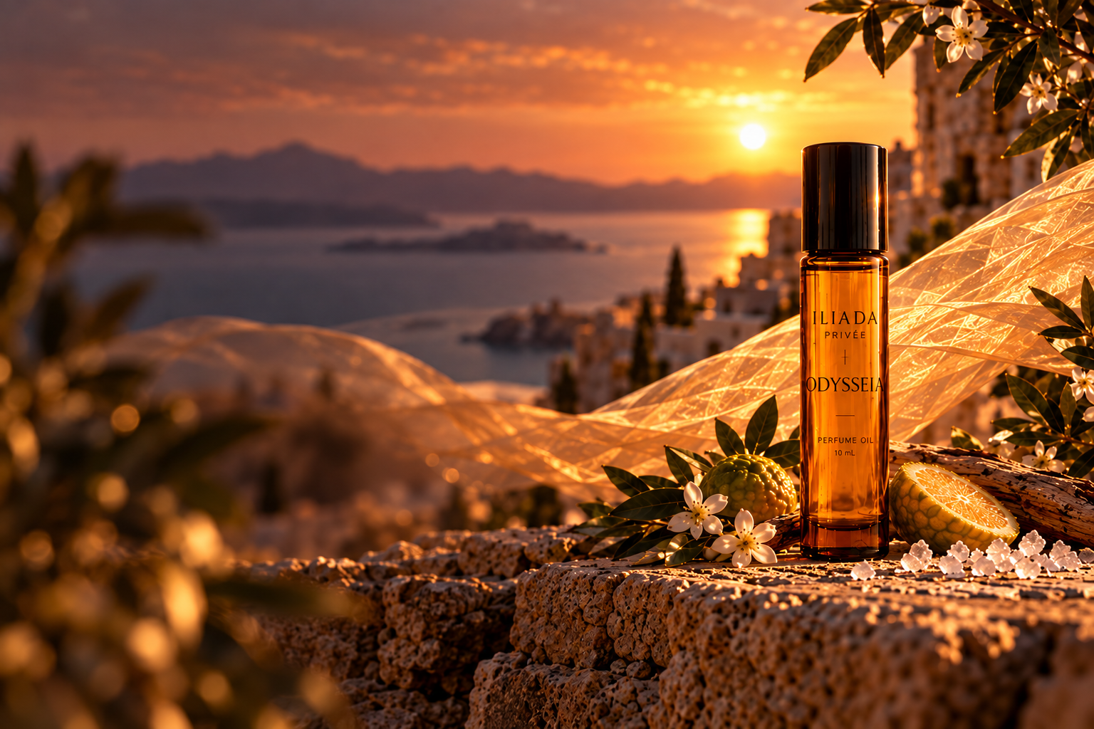 Odysseia amber perfume oil with flowing golden tulle at an Aegean sunset
