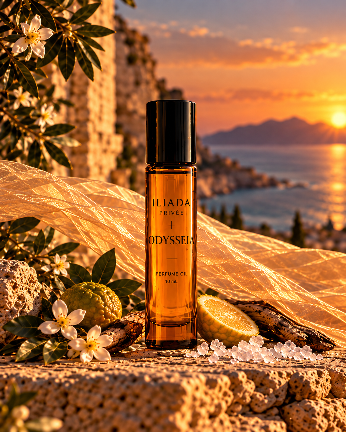 ILIADA PRIVÉE Odysseia amber perfume oil bottle with black lettering