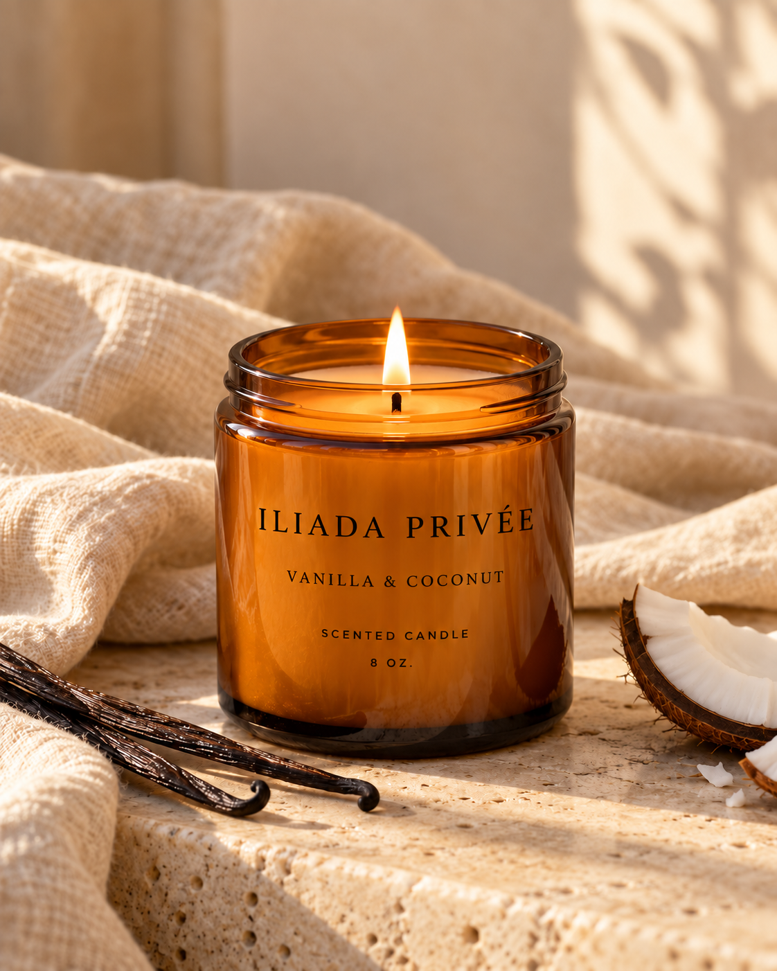 Vanilla and Coconut candle in an 8 oz amber glass jar with a clear label and black lettering